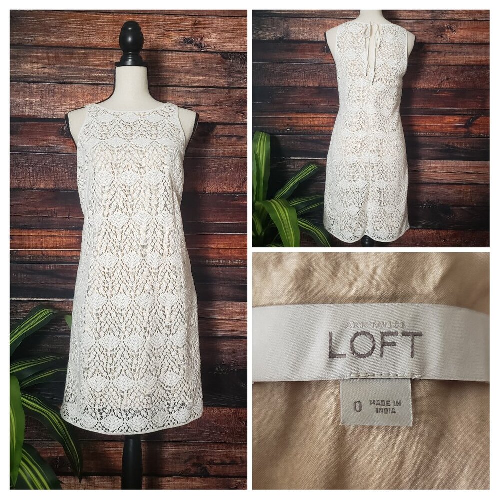Ann Taylor LOFT Dress Size 0 Crochet Overlay Knee Length Nude White Zip